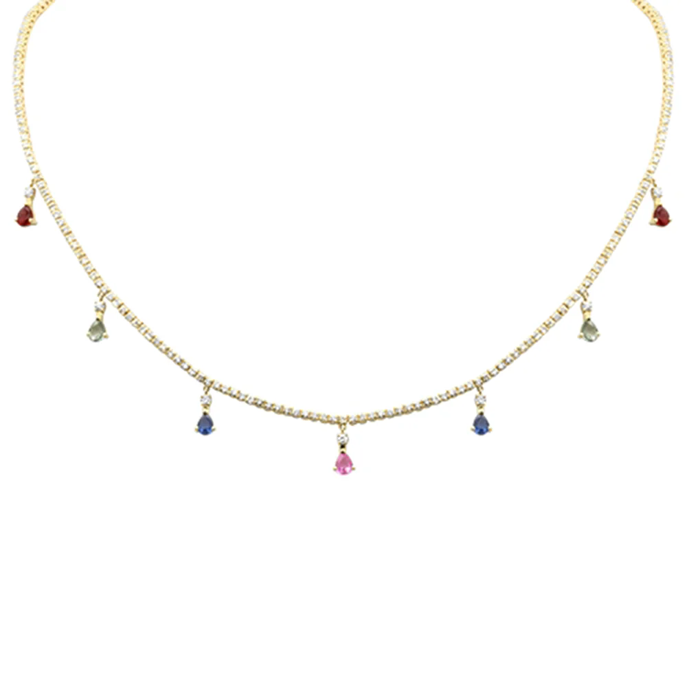 <span style="color:purple">SPECIAL!</span> 3.56ct G SI 14K Yellow Gold Diamond & Multi Color Gemstone Tennis Necklace 14" + 2" Long