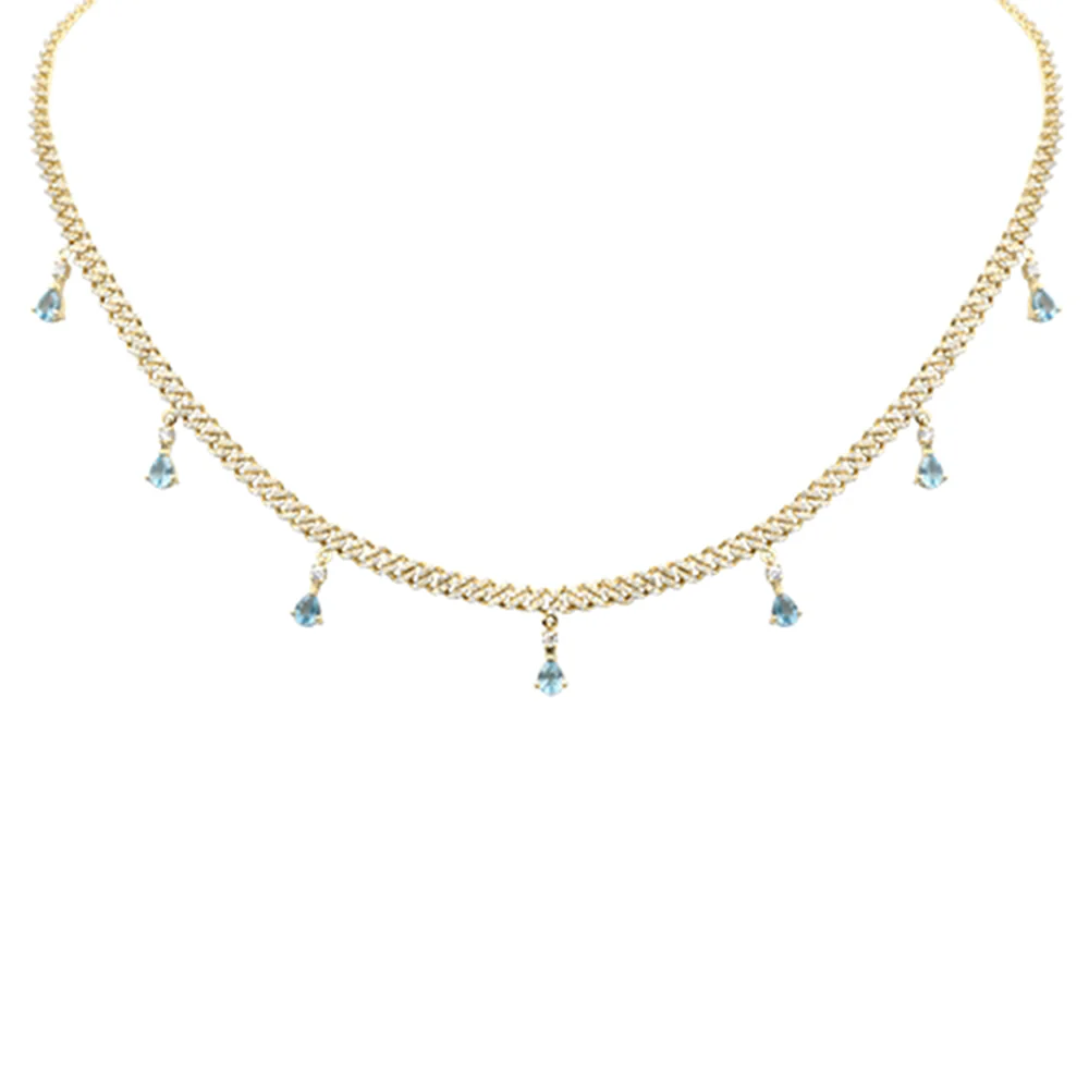 <span style="color:purple">SPECIAL!</span> 2.54ct G SI 14K Yellow Gold Diamond & Blue Topaz Gemstone Cuban Necklace 12" + 4" Long