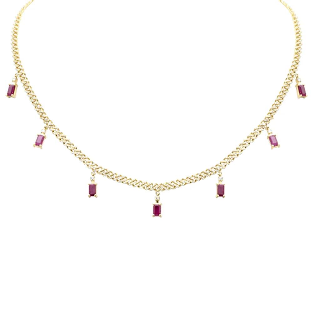 <span style="color:purple">SPECIAL!</span> 3.51ct G SI 14K Yellow Gold Diamond & Ruby Gemstone Cuban Necklace 12" + 4" Long
