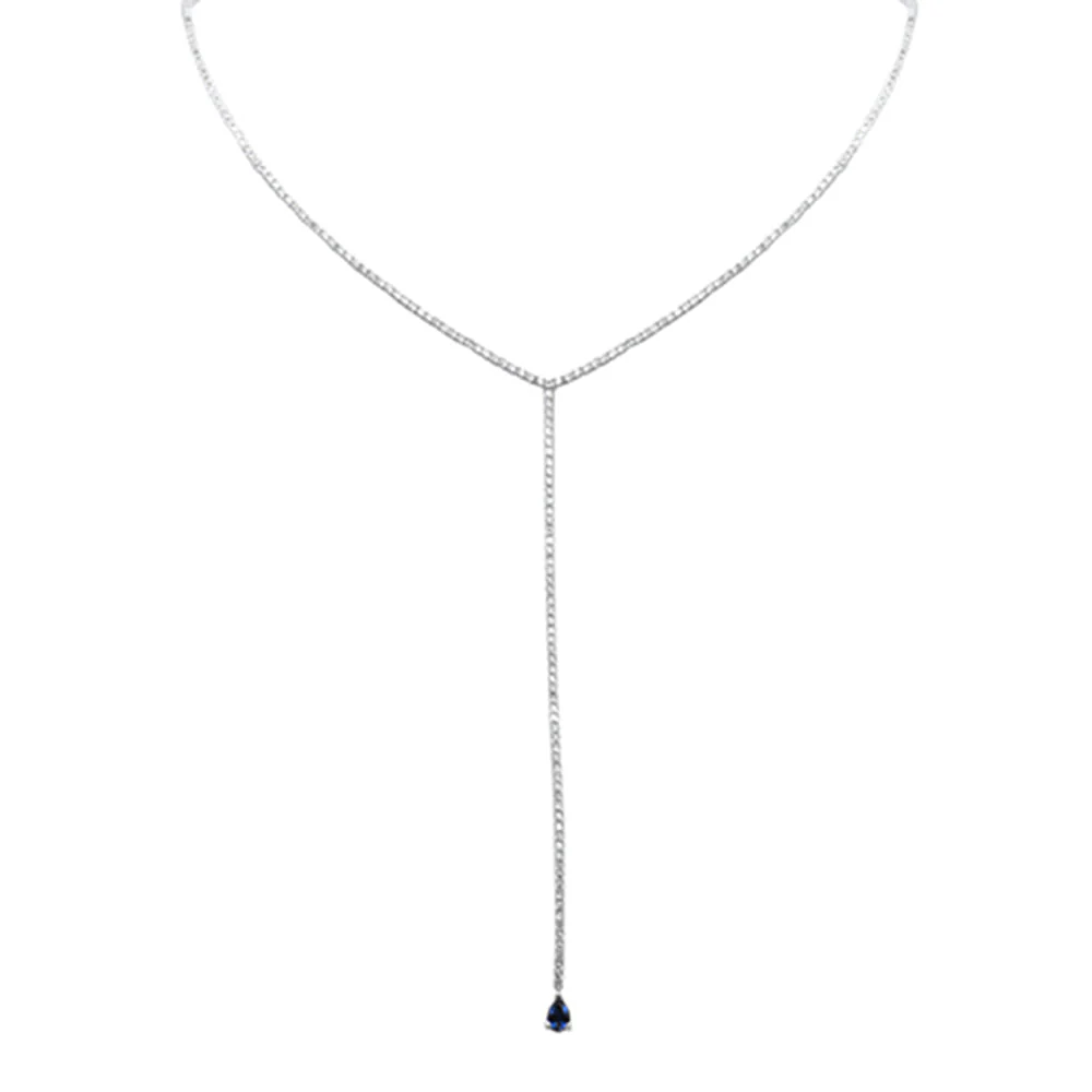 <span style="color:purple">SPECIAL!</span> 6.15ct G SI 14K White Gold Round Diamond & Blue Sapphire Tennis Drop Lariat Y Necklace 14+4'Ext