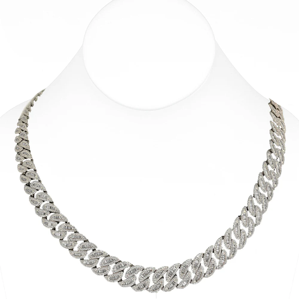 <span style="color:purple">SPECIAL!</span>11mm 14.05ct G SI 14K White Gold Baguette & Round Diamond Cuban Necklace 22"
