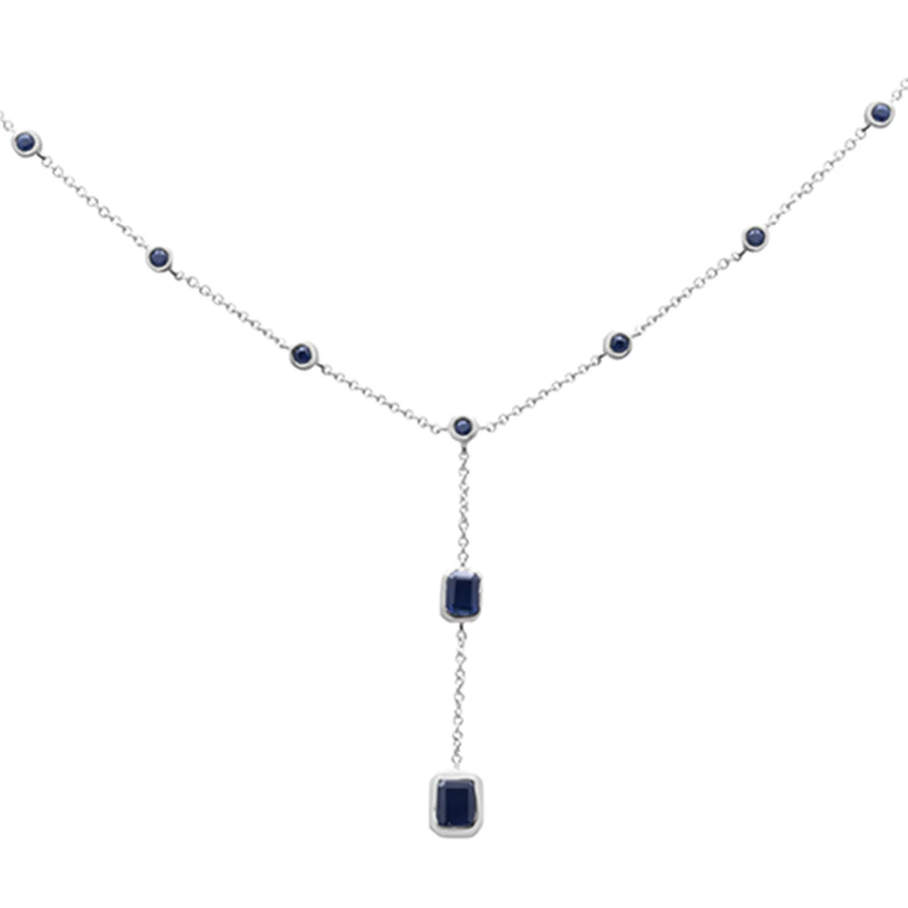 <span>DIAMOND CLOSEOUT! </span> 1.15ct G SI 14k White Gold Blue Sapphire Gemstones Drop Lariat Pendant Necklace  16+2" Long Chain