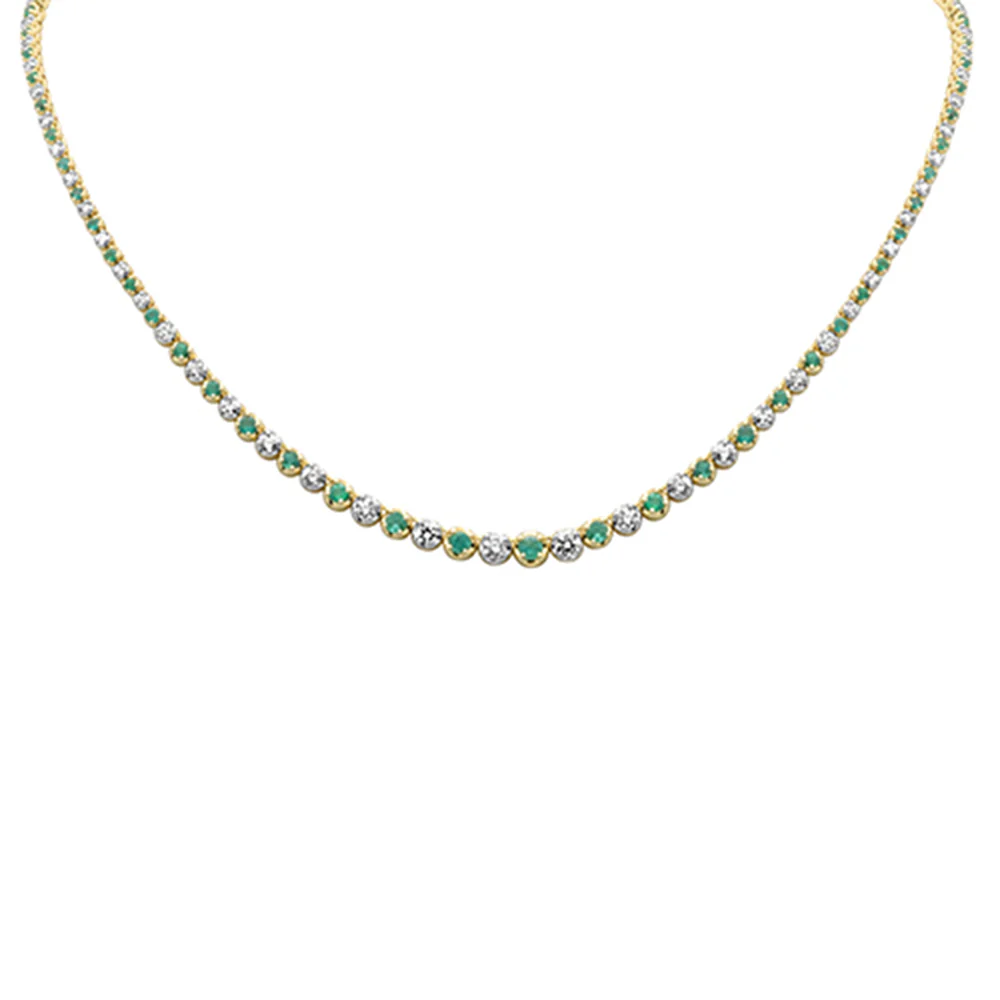 <span style="color:purple">SPECIAL!</span> 4.85ct G SI 14k Yellow Gold Diamond & Emerald Gemstones Graduated Tennis Necklace 16" Long