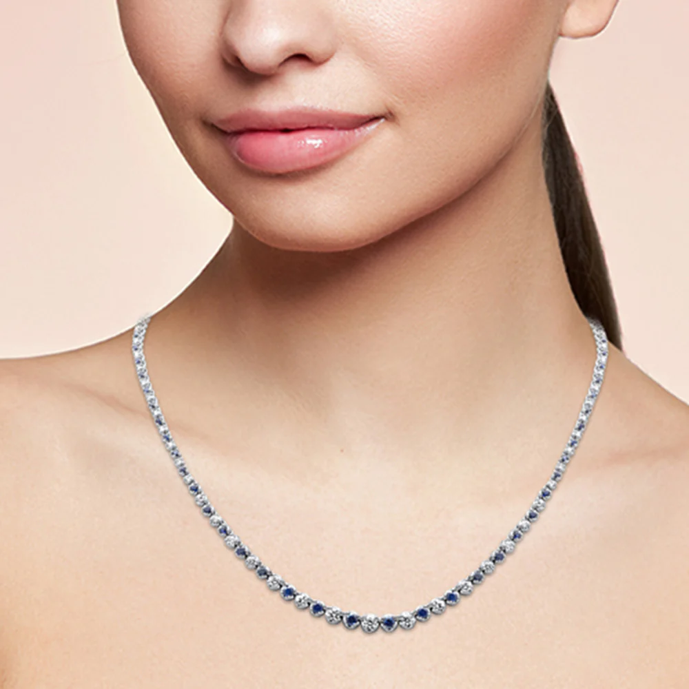 <span style="color:purple">SPECIAL!</span> 5.32ct G SI 14K White Gold Diamond & Blue Sapphire Gemstones Graduated Tennis Necklace 16" Long - Image 2