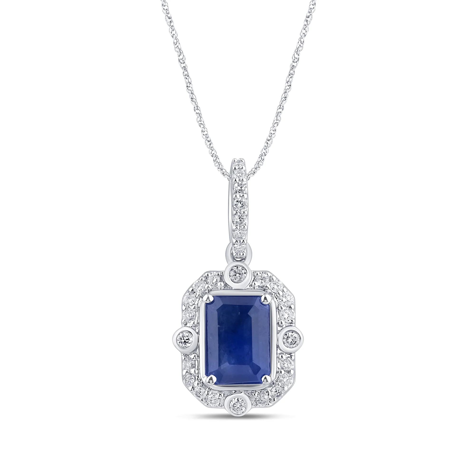 <span style="color:purple">SPECIAL!</span> 1.23ct G SI 14K White Gold Diamond & Blue Sapphire Gemstones Pendant Necklace 18" Long Chain