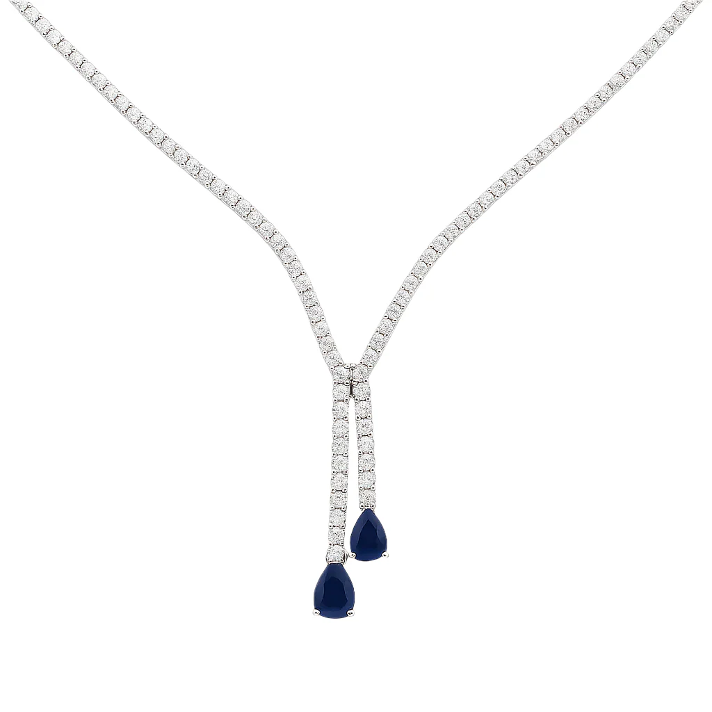 <span style="color:purple">SPECIAL!</span> 9.90ct G SI 14K White Gold Diamond & Blue Sapphire Tennis Lariat Drop Necklace 16+2" Ext Long