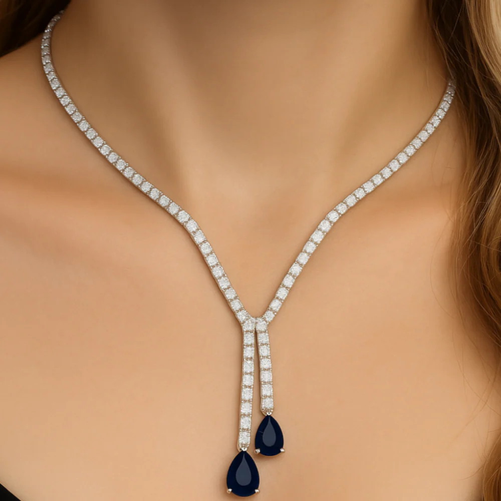 <span style="color:purple">SPECIAL!</span> 9.90ct G SI 14K White Gold Diamond & Blue Sapphire Tennis Lariat Drop Necklace 16+2" Ext Long - Image 2