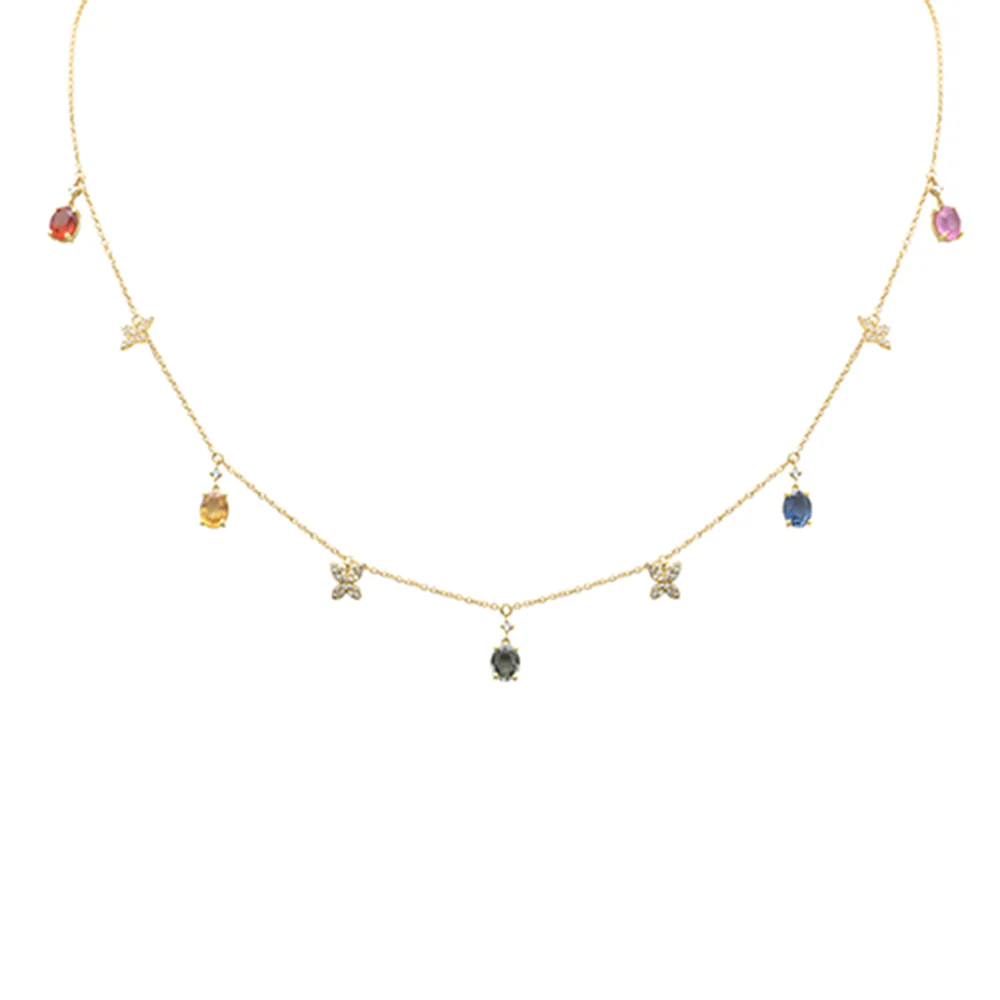 <span style="color:purple">SPECIAL!</span>2.30ct G SI 14K Yellow Gold Diamond & Oval Shape Multi Color Sapphire Gemstones Pendant Necklace 16+2" Long