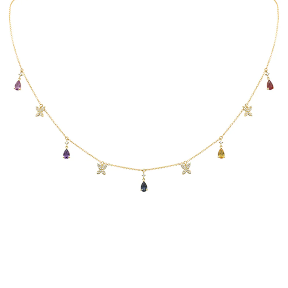 <span style="color:purple">SPECIAL!</span>1.49ct G SI 14K Yellow Gold Diamond & Pear Shape Multi Sapphire Pendant Necklace 16+2" Long