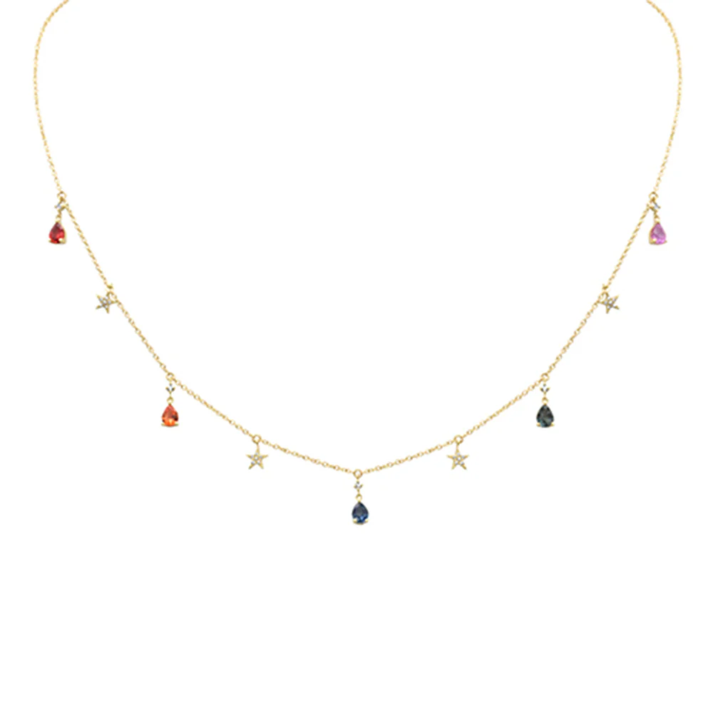 <span>DIAMOND CLOSEOUT! </span> .96ct G SI 14K Yellow Gold Diamond & Pear Shape Multi Sapphire Gemstones Pendant Necklace 16+2" Long