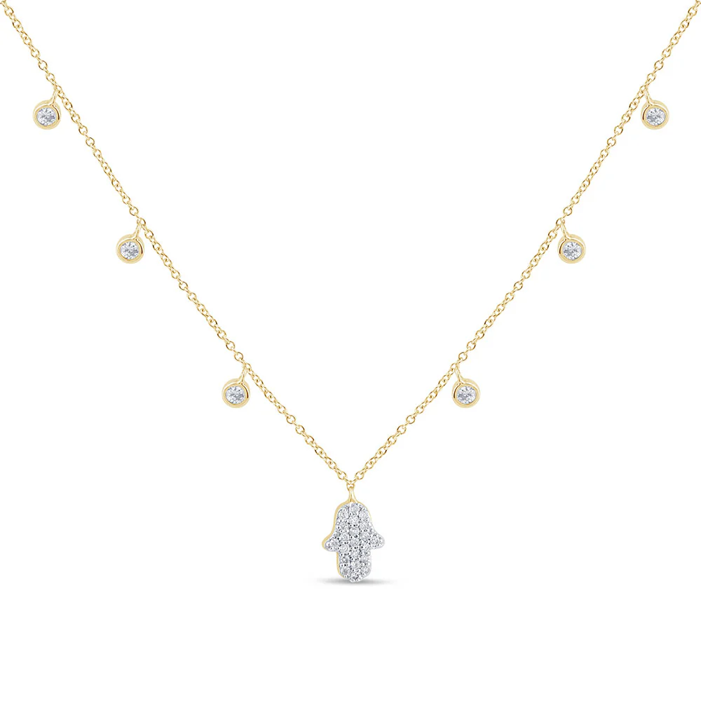 <span style="color:purple">SPECIAL!</span>.36ct G SI 14K Yellow Gold Diamond Hand of Hamsa Pendant Necklace 14+2" Long Chain