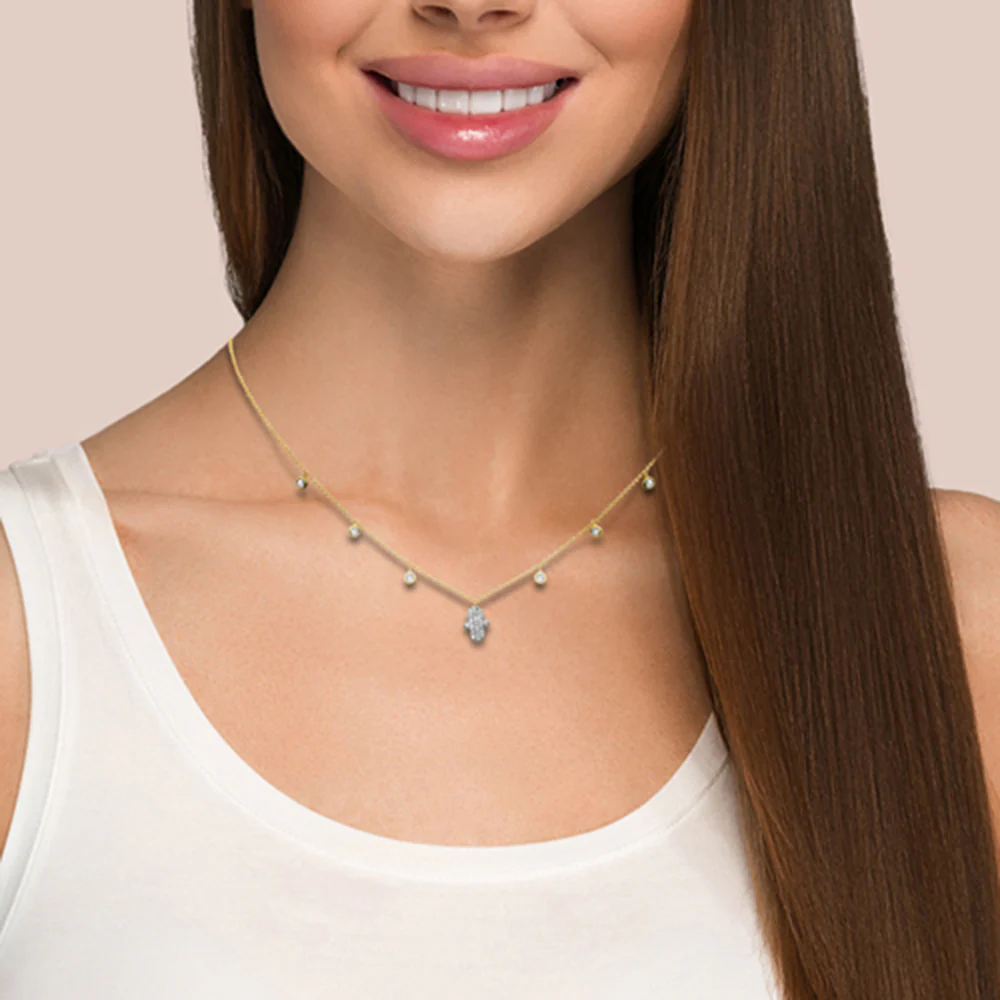 <span style="color:purple">SPECIAL!</span>.36ct G SI 14K Yellow Gold Diamond Hand of Hamsa Pendant Necklace 14+2" Long Chain - Image 2