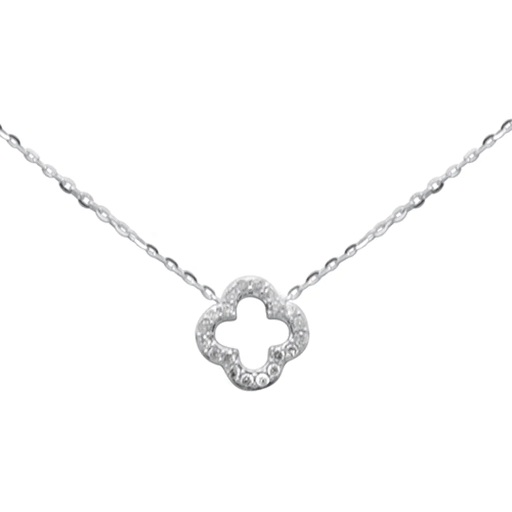 <span style="color:purple">SPECIAL!</span> .13ct G SI 14K White Gold Diamond Clover Flower Pendant Necklace 16+2" Long