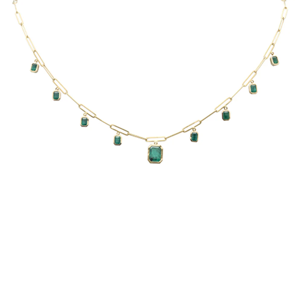 <span style="color:purple">SPECIAL!</span> 3.07ct G SI 14K Yellow Gold Natural Emerald Gemstones Paper Clip Pendant Necklace 18" Long