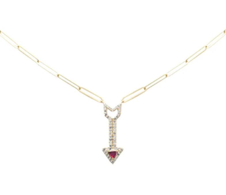 <span style="color:purple">SPECIAL!</span> .37ct G SI 14K Yellow Gold Diamond & Ruby Gemstones Arrow Pendant 18" Long