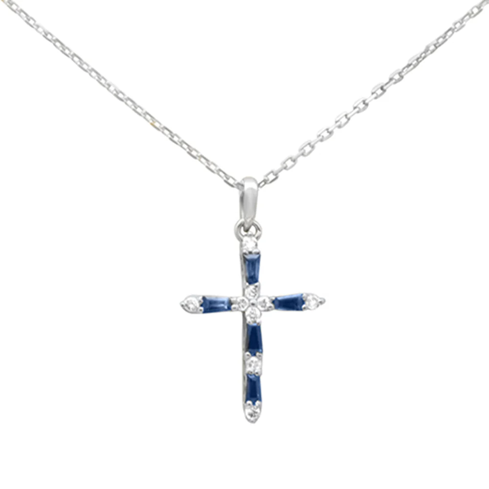 <span style="color:purple">SPECIAL!</span> .32ct G SI 14K White Gold Diamond & Blue Sapphire Gemstones Pendant Necklace 18" Long
