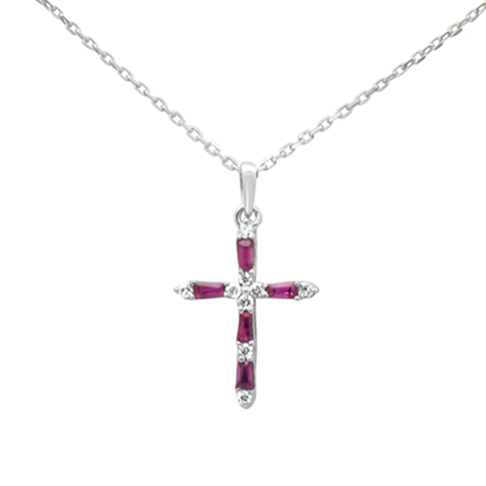 .27ct G SI 14K White Gold Diamond & Ruby Gemstone Pendant Cross Necklace 18" Long