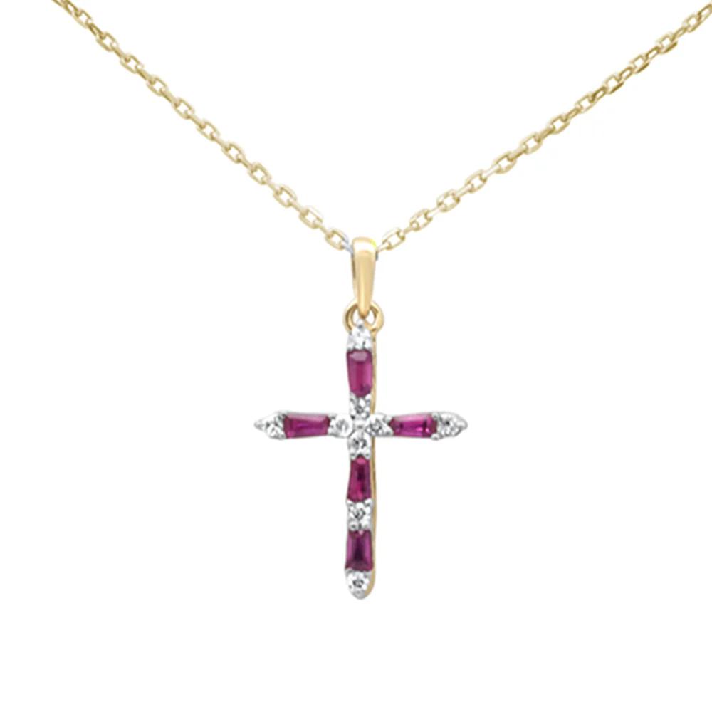 <span style="color:purple">SPECIAL!</span> .30ct G SI 14K Yellow Gold Diamond & Ruby Gemstone Pendant Cross Necklace 18" Long