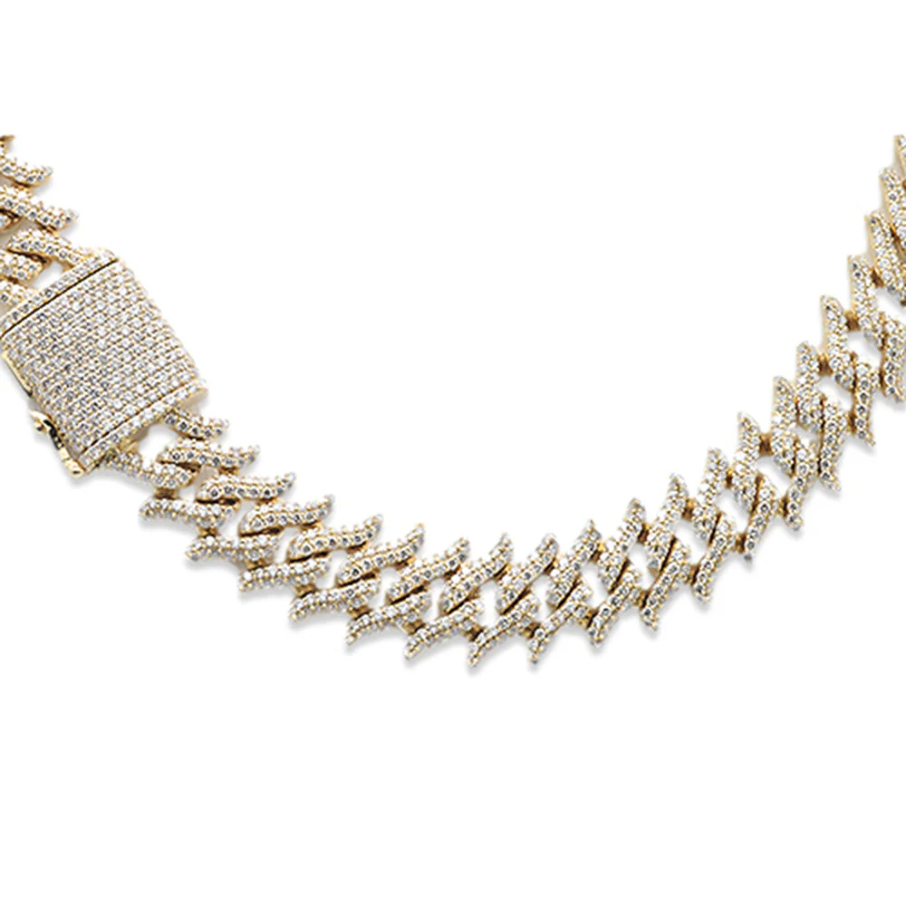 <span style="color:purple">SPECIAL!</span> 7mm 6.53ct G SI 14K Yellow Gold Round Diamond Spiked Cuban Necklace 22"