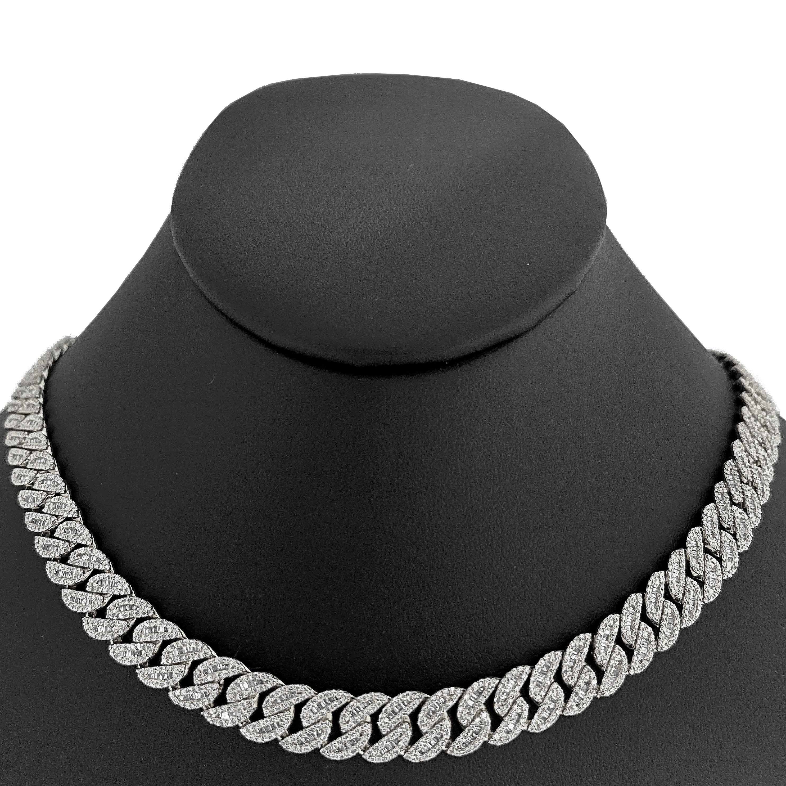 <span style="color:purple">SPECIAL!</span> 9mm 10.20ct G SI 14K White Gold Baguette & Round Diamond Cuban Necklace 22" Long