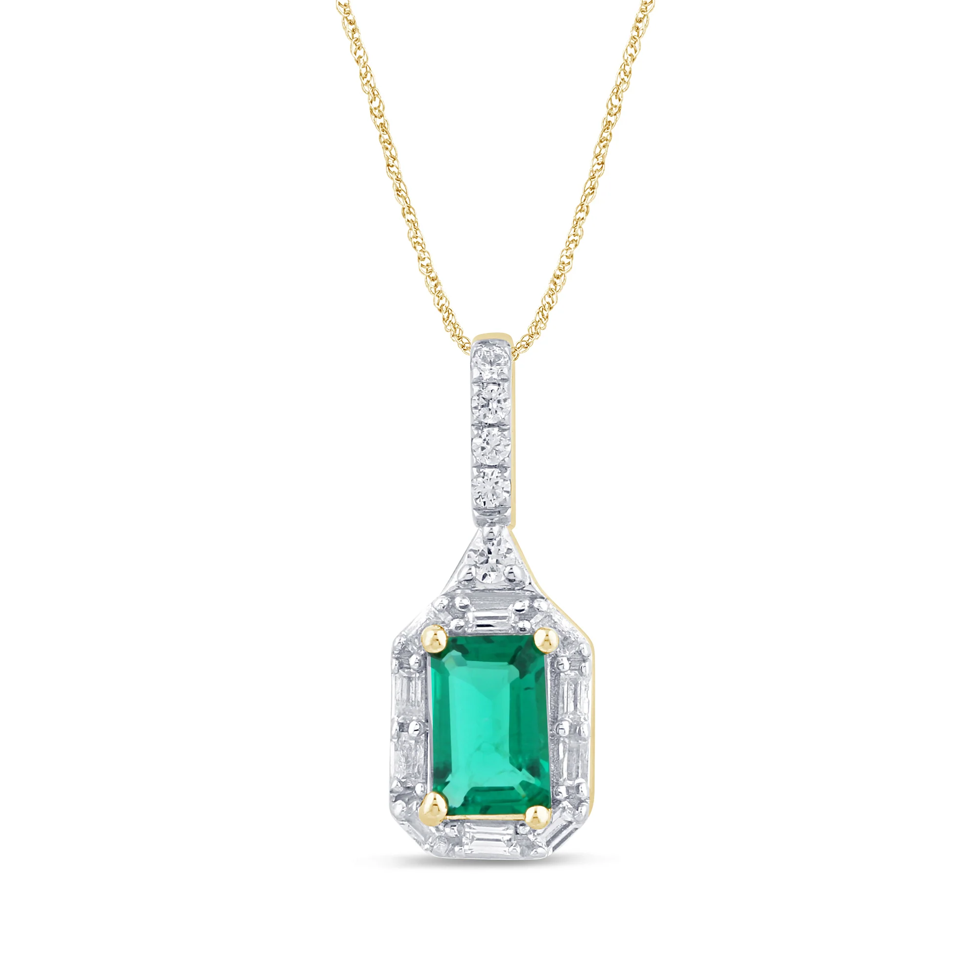 <span style="color:purple">SPECIAL!</span> .63ct G SI 14K Yellow Gold Diamond & Emerald Gemstones Pendant Necklace 18' Long Chain