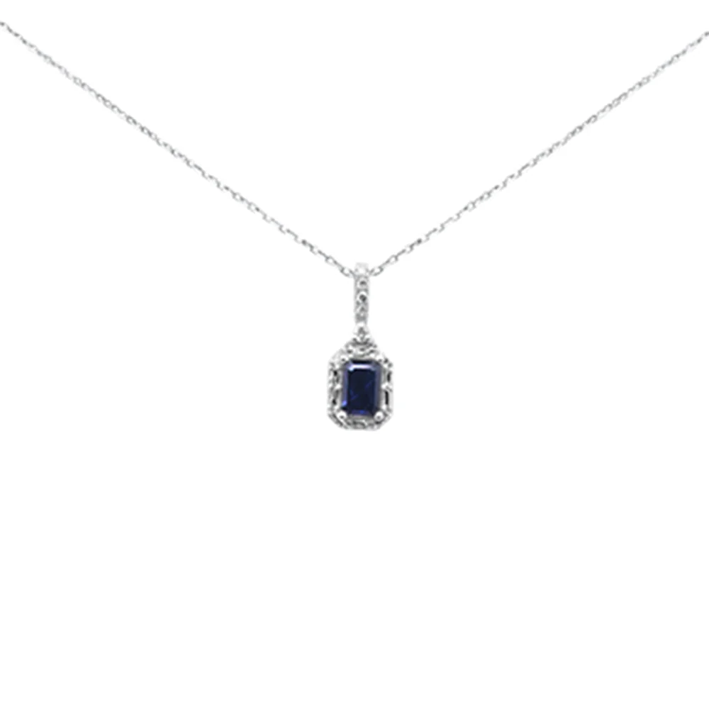 <span style="color:purple">SPECIAL!</span> .77ct G SI 14K White Gold Diamond & Blue Sapphire Gemstones Pendant Necklace 18" Long Chain