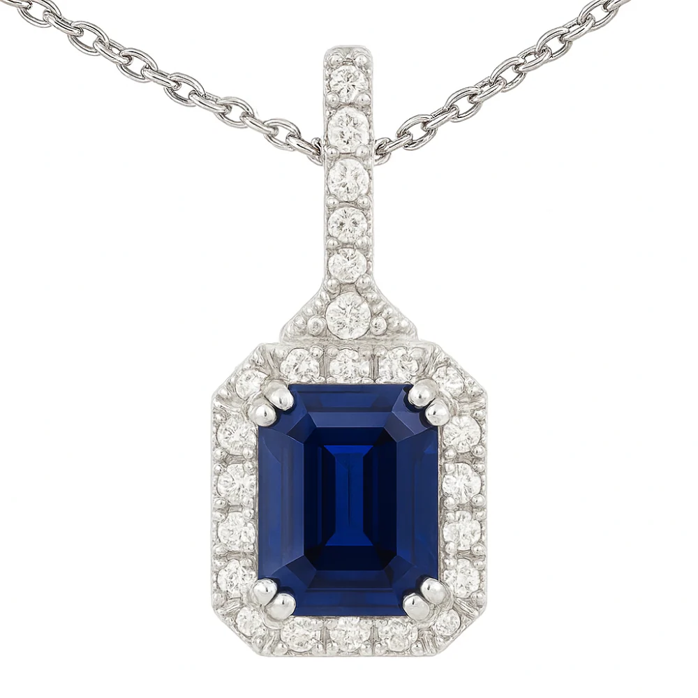 <span style="color:purple">SPECIAL!</span> .77ct G SI 14K White Gold Diamond & Blue Sapphire Gemstones Pendant Necklace 18" Long Chain - Image 3