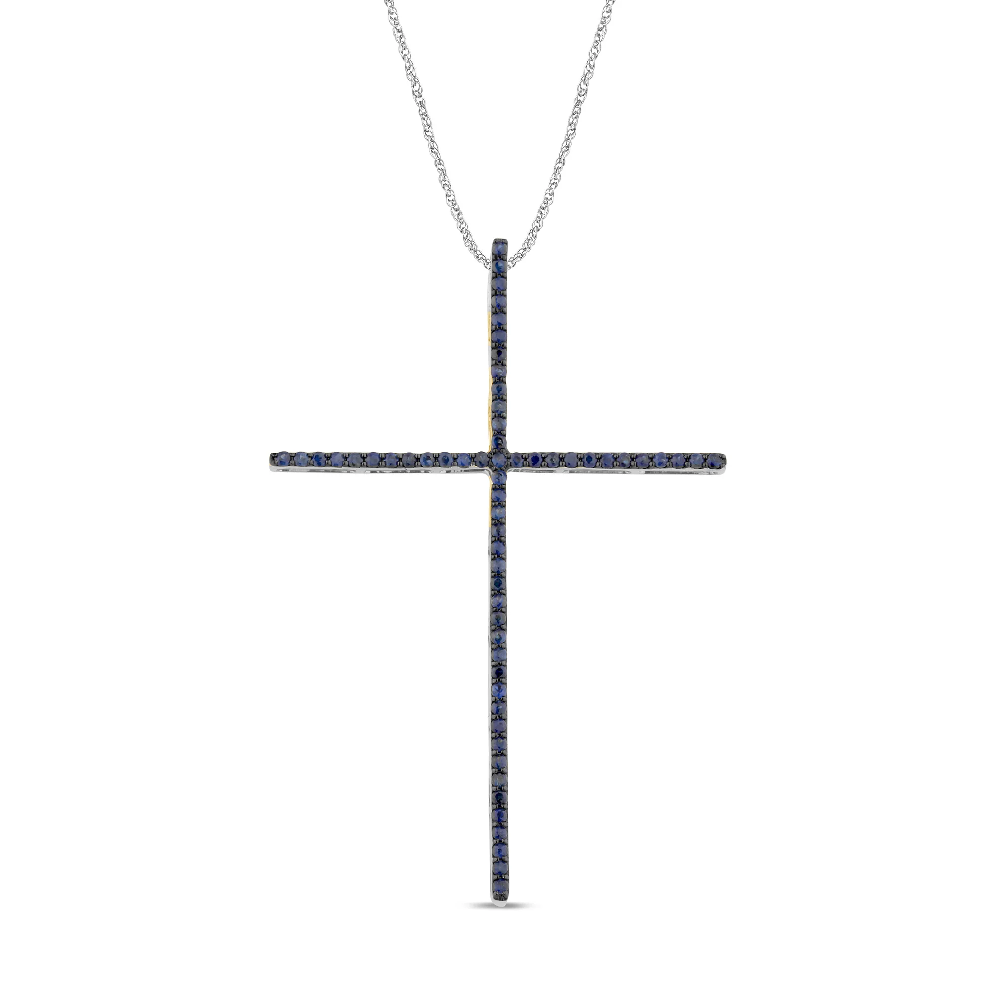 <span style="color:purple">SPECIAL!</span> .43ct G SI 14K White Gold Blue Sapphire Gemstones Cross Pendant Necklace 18" Long Chain