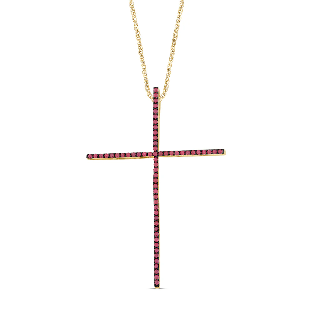 <span style="color:purple">SPECIAL!</span> .43ct G SI 14K Yellow Gold Ruby Gemstones Cross Pendant Necklace 18" Long Chain