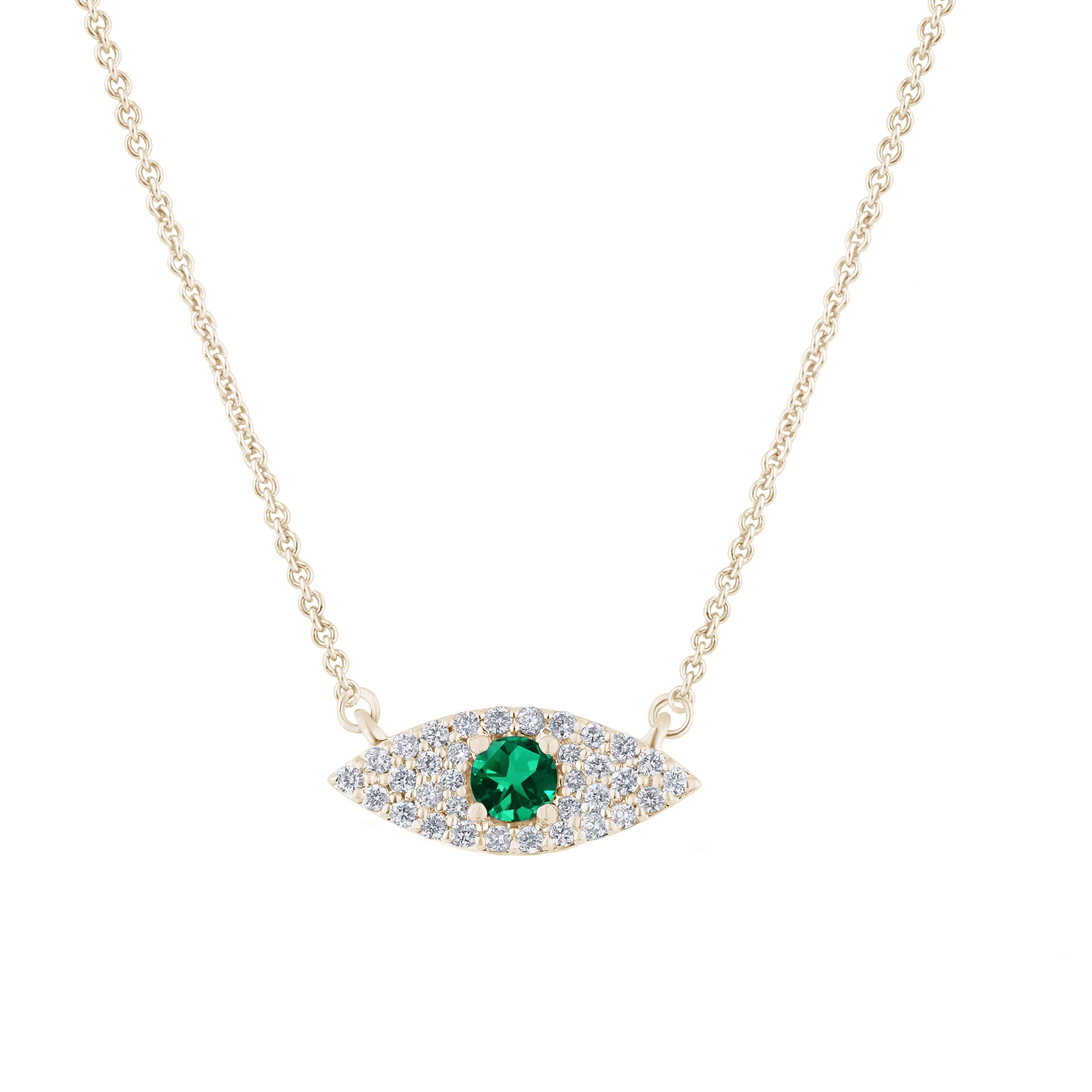 <span style="color:purple">SPECIAL!</span>.36ct G SI 14K Yellow Gold Diamond & Natural Emerald Gemstones Evil Eye Pendant Necklace 18" Long