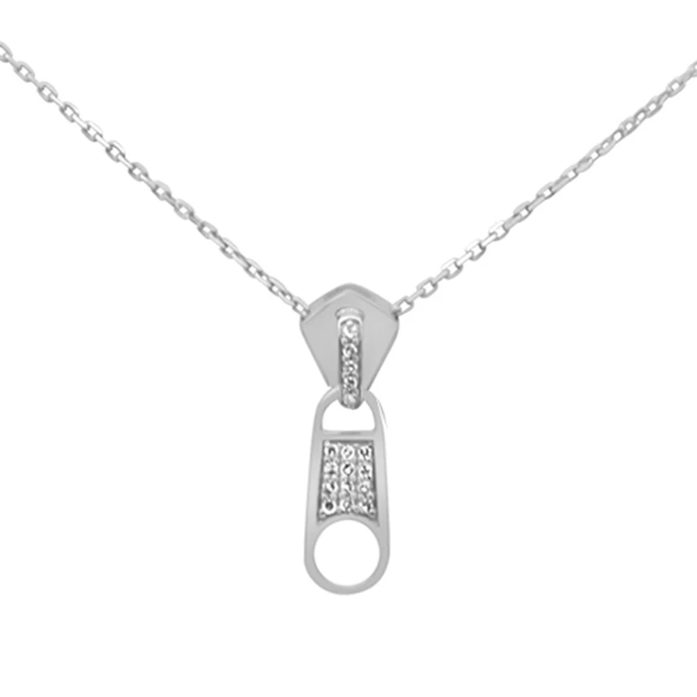 <span style="color:purple">SPECIAL!</span>  .08ct G SI 14K White Gold Diamond Zipper Style Pendant Necklace 18" Long Chain