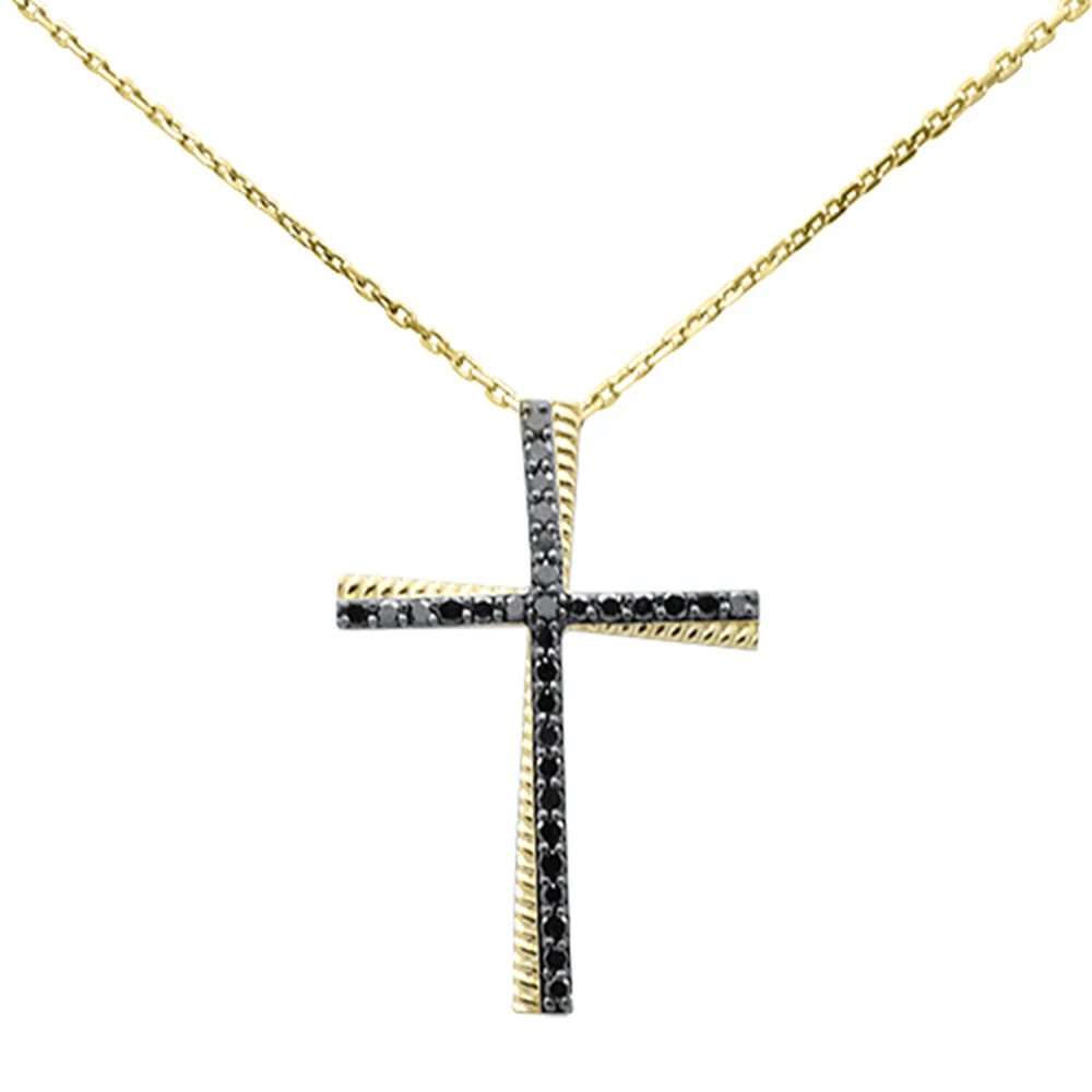 <span style="color:purple">SPECIAL!</span> .35ct G SI 14K Yellow Gold Black Diamond Cross Pendant Necklace 18" Long Chain