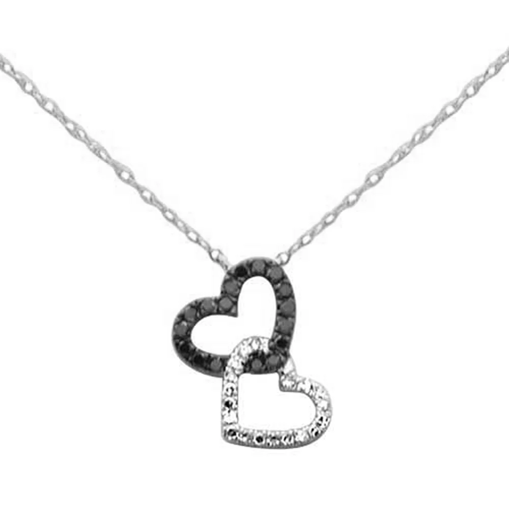 .18ct G SI 14K White Gold Black & White Diamond Heart Pendant Necklace 18" Long Chain