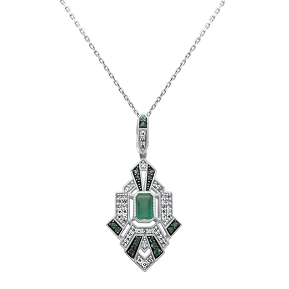 <span style="color:purple">SPECIAL!</span> .89ct G SI 14K White Gold Diamond & Emerald Gemstones Geometric Pendant Necklace 18" Long Chain
