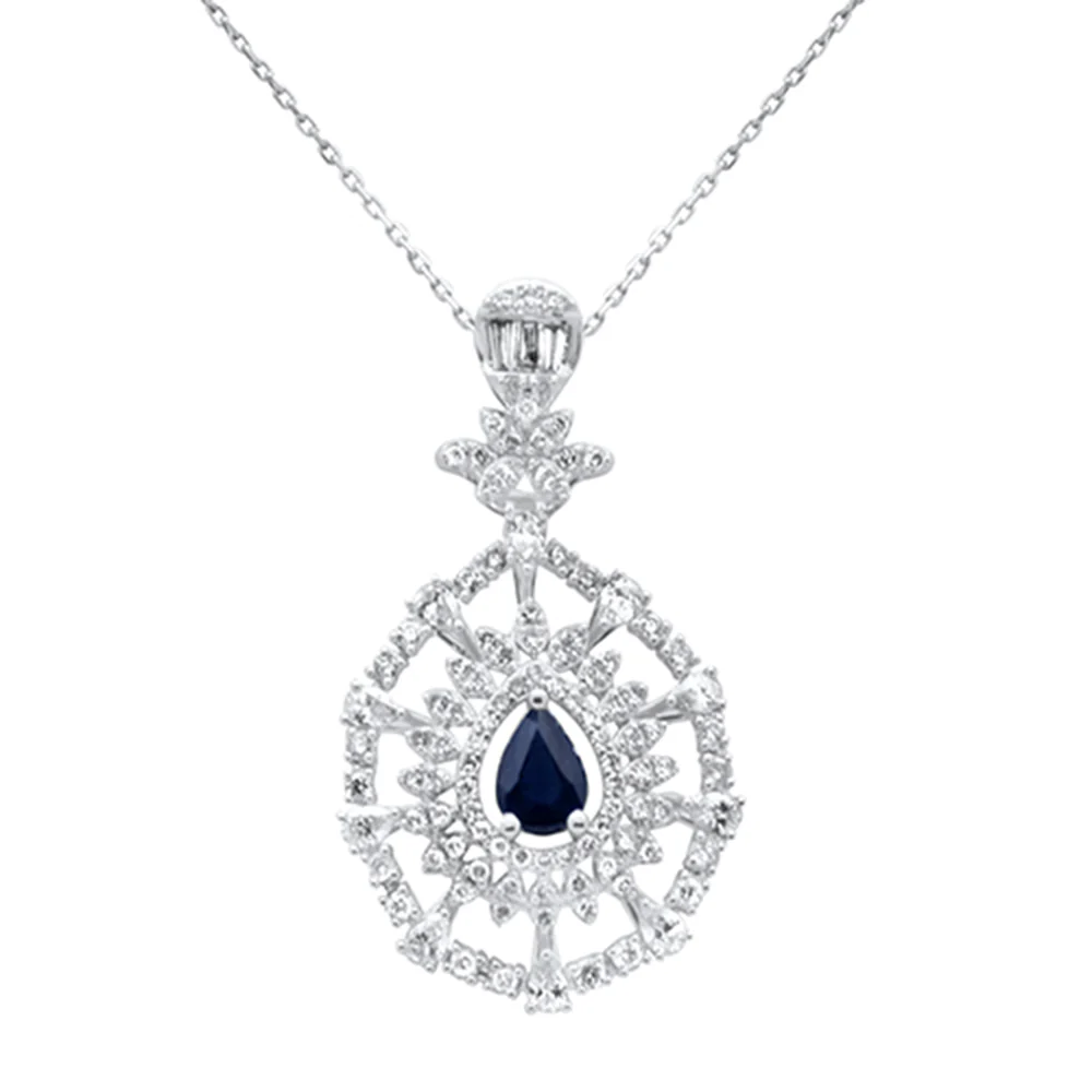 <span style="color:purple">SPECIAL!</span> 2.67ct G SI 14K White Gold Pear Shape Diamond & Blue Sapphire Gemstones Pendant Necklace 18" Long Chain