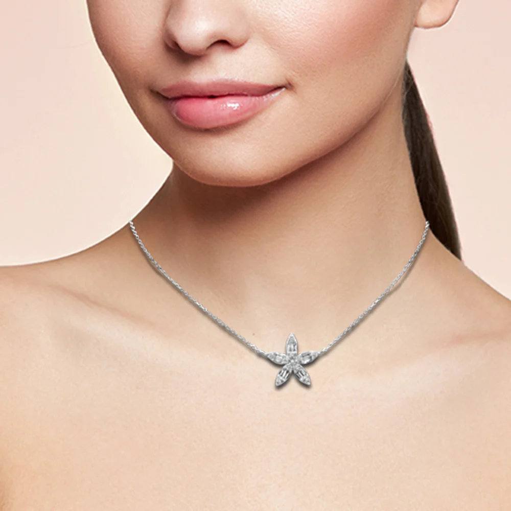 <span style="color:purple">SPECIAL!</span>.25ct G SI 14K White Gold Round & Baguette Diamond Pendant Necklace 18" Long Chain - Image 3