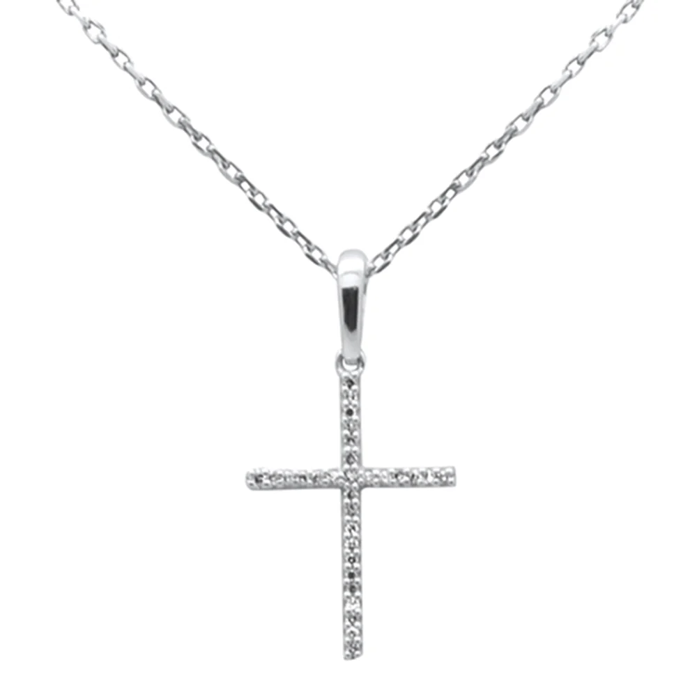 .06ct G SI 14K White Gold Diamond Cross Pendant Necklace 18" Long Chain