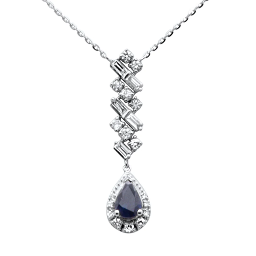 <span style="color:purple">SPECIAL!</span> .73ct G SI 14K White Gold Diamond & Blue Sapphire Gemstones Pendant Necklace 16+2" Ext Long