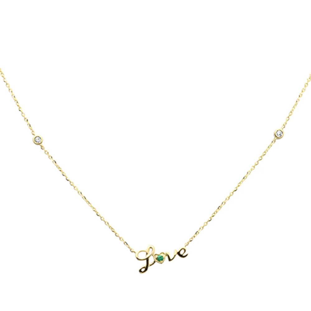 .07ct G SI 14K Yellow Gold Diamond & Emerald Gemstones "Love" Pendant Necklace 16+2" Ext Long