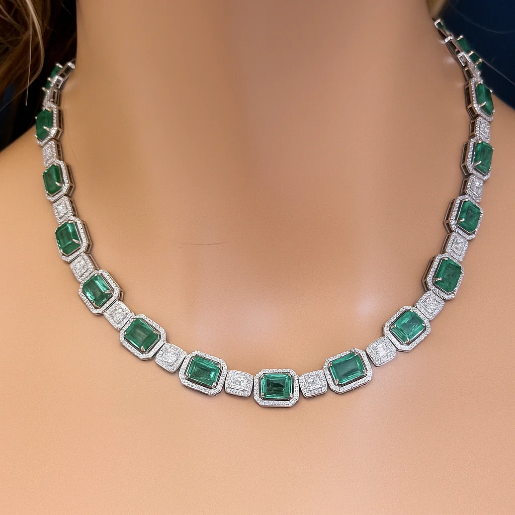 <span style="color:purple">SPECIAL!</span> 38.73ct G SI 14K White Gold Diamond & Natural Emerald Gemstones Pendant Necklace 16" Long - Image 2