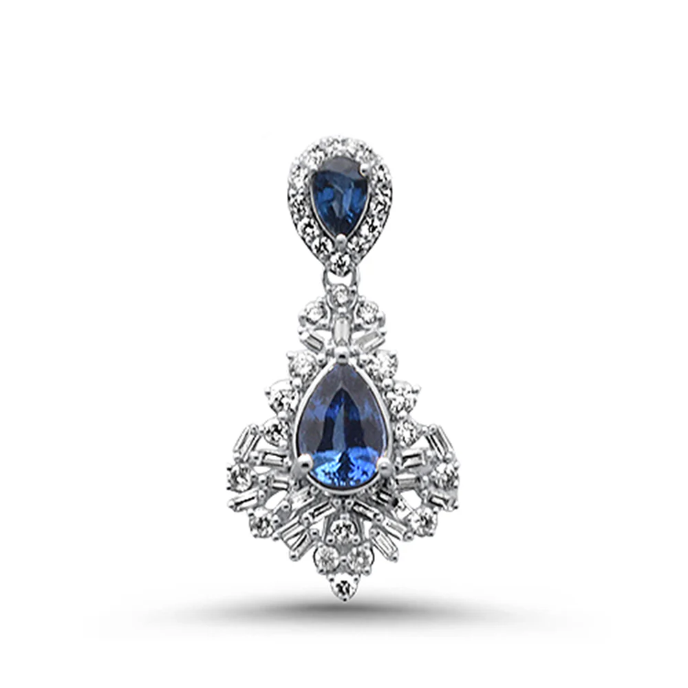 <span style="color:purple">SPECIAL!</span>3.27ct G SI 14K White Gold Diamond & Blue Sapphire Gemstones Pendant