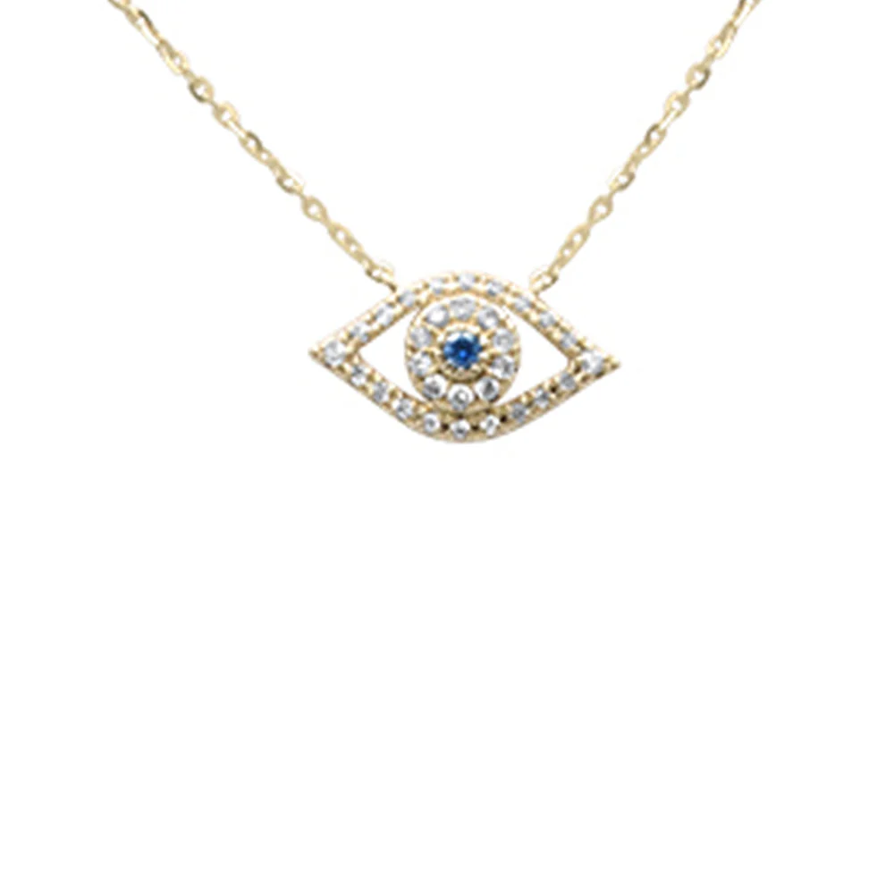 .12ct G SI 14K Yellow Gold Diamond & Blue Sapphire Gemstones Evil Eye Pendant Necklace 16+2" Ext
