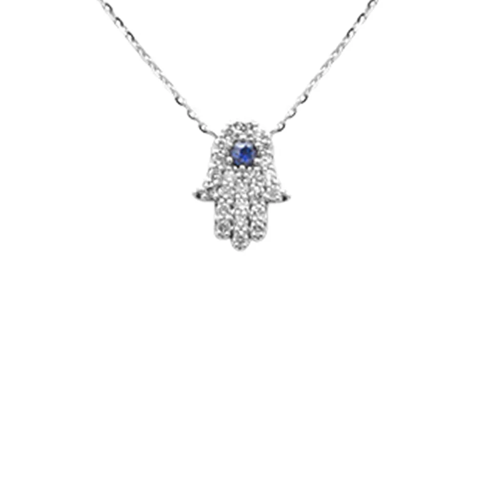 <span style="color:purple">SPECIAL!</span> .25ct G SI 14K White Gold Diamond & Blue Sapphire Gemstone Hamsa Pendant Necklace 16+2" Ext