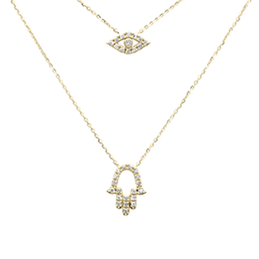 <span>DIAMOND CLOSEOUT! </span> .19ct G SI 14K Yellow Gold Diamond Evil Eye & Hamsa Pendant Necklace 16+2" Ext