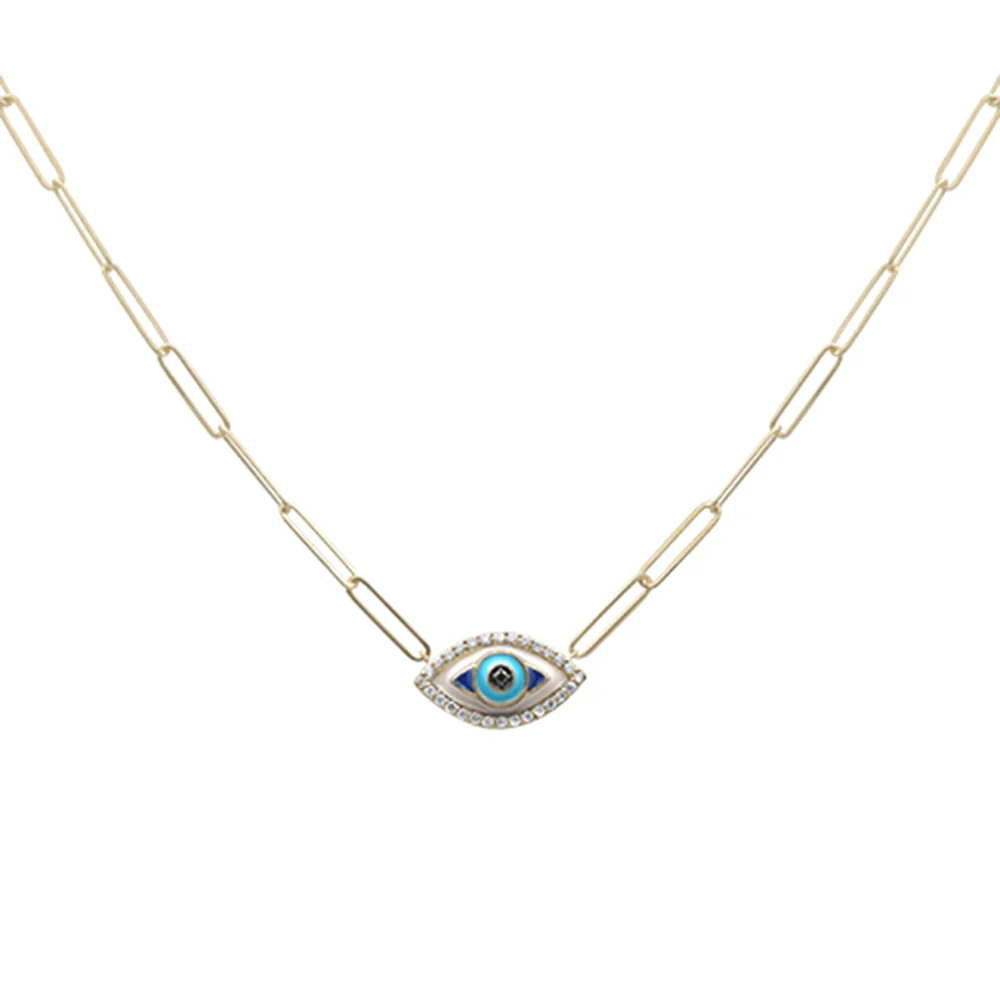 <span>DIAMOND CLOSEOUT! </span> .16ct G SI 14K Yellow Gold Diamond Evil Eye Enamel Paper Clip Pendant Necklace 18" Long