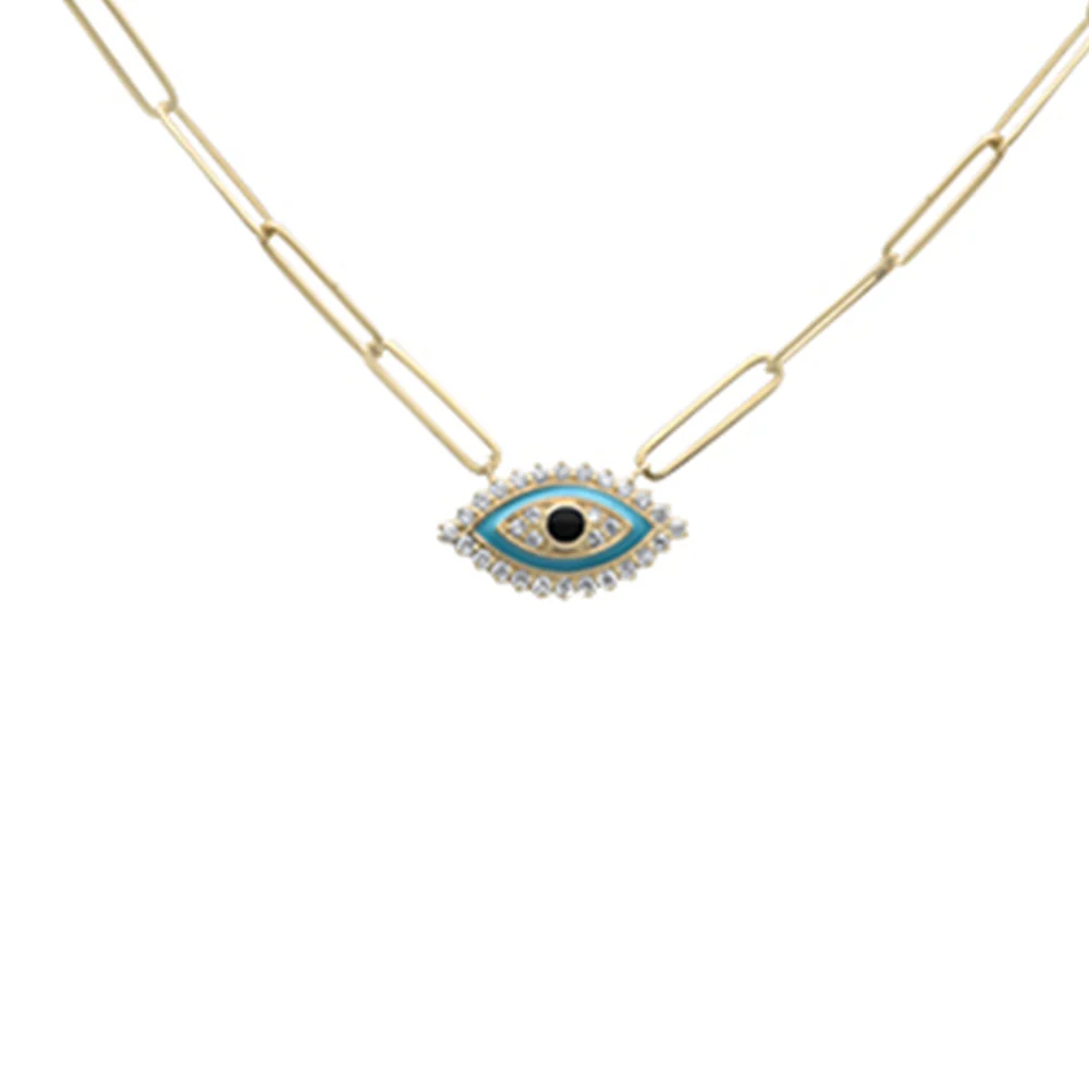 <span style="color:purple">SPECIAL!</span> .16ct G SI 14K White Gold Diamond Evil Eye Enamel Paper Clip Pendant Necklace 18" Long