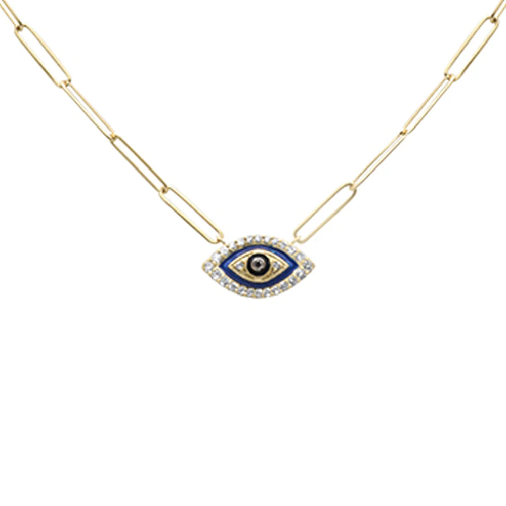 <span style="color:purple">SPECIAL!</span> .17ct G SI 14K Yellow Gold Diamond Evil Eye Enamel Paper Clip Pendant Necklace 18" Long