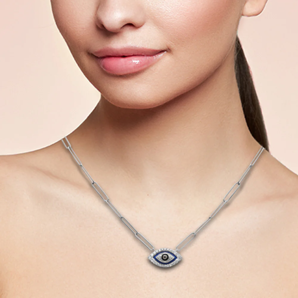 <span style="color:purple">SPECIAL!</span> .18ct G SI 14K White Gold Diamond Evil Eye Enamel Paper Clip Pendant Necklace 18" Long - Image 2
