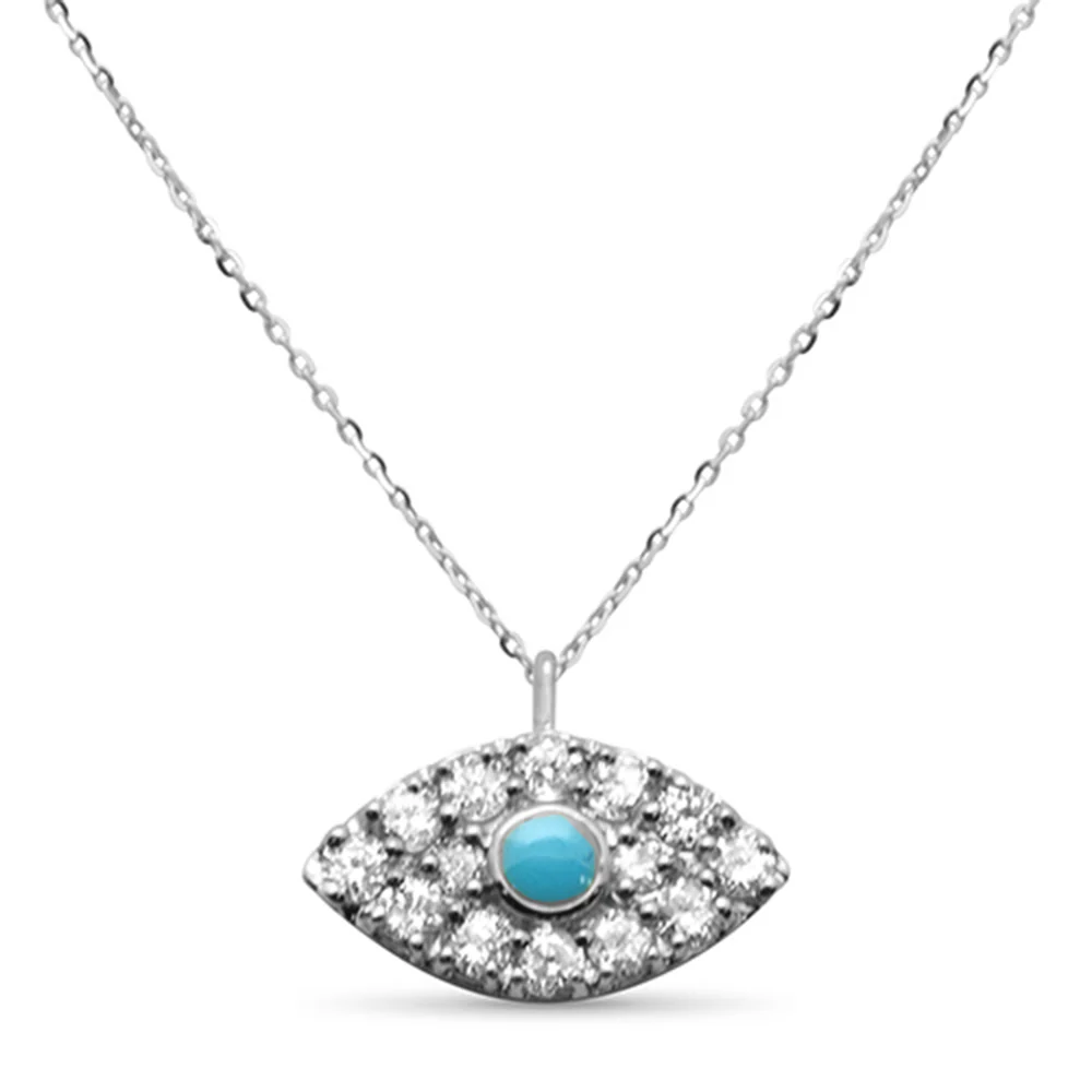 .14ct G SI 14K White Gold Diamond & Turquoise Evil Eye Petite Pendant Necklace 18"
