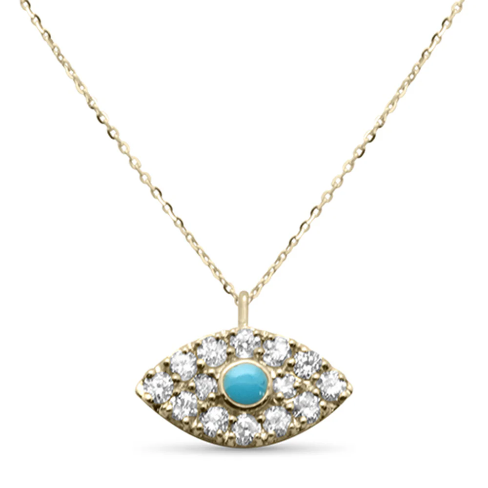 .15ct G SI 14K Yellow Gold Diamond & Turquoise Evil Eye Petite Pendant Necklace 18"